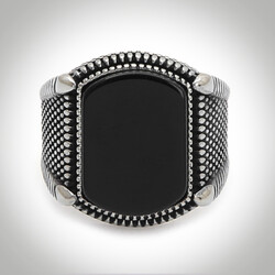 B Series Point Patterned Mens Ring Black Onyx Stone - 2