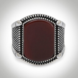 B Series Point Patterned Mens Ring Claret Red Agate Stone - 2