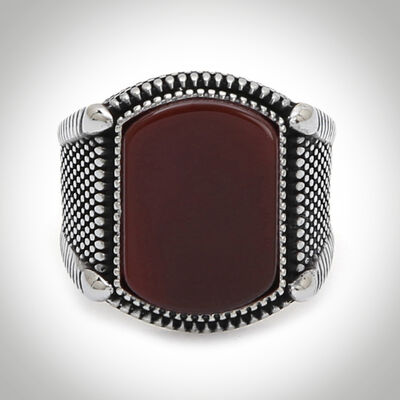 B Series Point Patterned Mens Ring Claret Red Agate Stone - 2