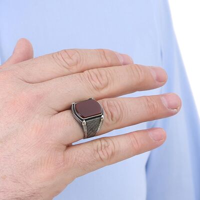 B Series Point Patterned Mens Ring Claret Red Agate Stone - 4