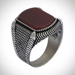 B Series Point Patterned Mens Ring Claret Red Agate Stone - 7