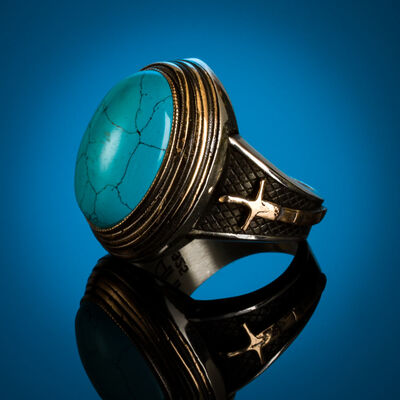 Barbaros Model Sword Motif 925 Sterling Silver Mens Ring Turquoise Stone Ring - 6