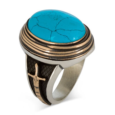 Barbaros Model Sword Motif 925 Sterling Silver Mens Ring Turquoise Stone Ring - 1