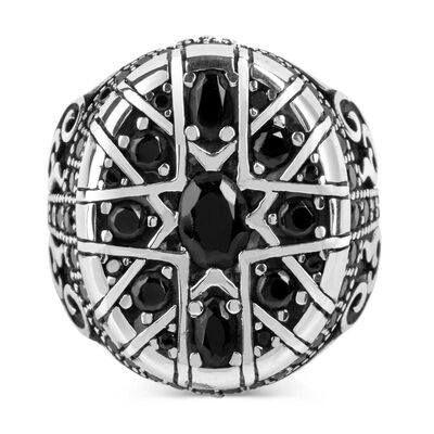 Black Mini Stone Engraved Sterling Silver Men's Ring - 2