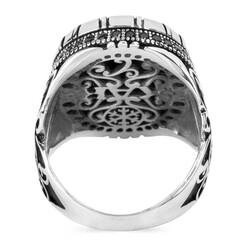 Black Mini Stone Engraved Sterling Silver Men's Ring - 3