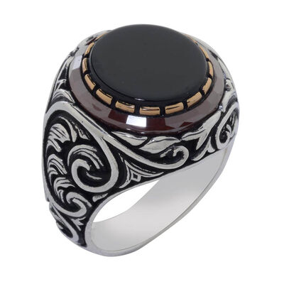 Black Onyx 925 Sterling Silver Men's Ring Surrounded by Burgundy Stone - 1