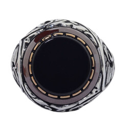 Black Onyx 925 Sterling Silver Men's Ring Surrounded by Burgundy Stone - 2