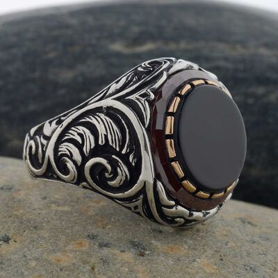 Black Onyx 925 Sterling Silver Men's Ring Surrounded by Burgundy Stone - 5