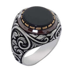 Black Onyx 925 Sterling Silver Men's Ring Surrounded by Burgundy Stone - 6