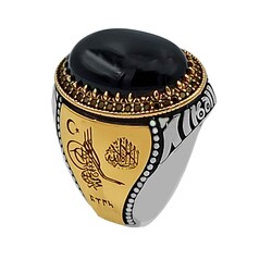 Black Onyx Stone, Ottoman Tughra and Crescent and Star Motif Sterling Silver Men's Ring - 1