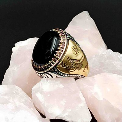 Black Onyx Stone, Ottoman Tughra and Crescent and Star Motif Sterling Silver Men's Ring - 4
