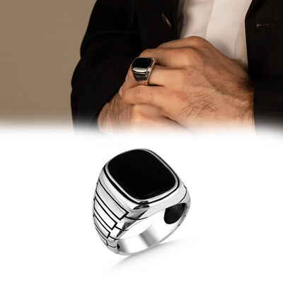 Black Onyx Stone Rectangular Edge Detailed Sterling Silver Men's Ring - 1