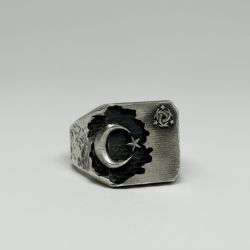 Black Onyx Stone Silver Crescent and Star Ring with Flags - 2