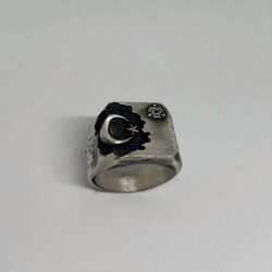 Black Onyx Stone Silver Crescent and Star Ring with Flags - 5