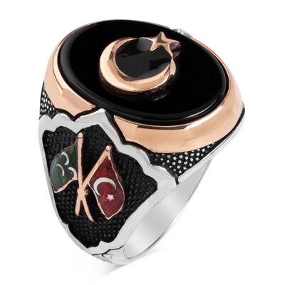 Black Onyx Stone Silver Crescent and Star Ring with Flags - 2