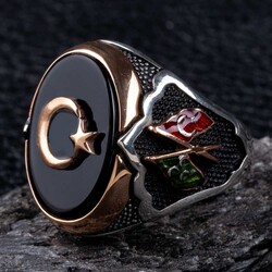 Black Onyx Stone Silver Crescent and Star Ring with Flags - 1