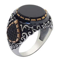 Black Onyx Stone Silver Men Ring with Drop Figure 