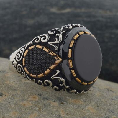 Black Onyx Stone Silver Men Ring with Drop Figure - 5