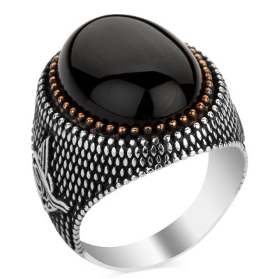 Black Onyx Stone Sterling Silver Mens Ring with Ottoman Tughra - 2