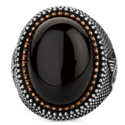 Black Onyx Stone Sterling Silver Mens Ring with Ottoman Tughra - 3