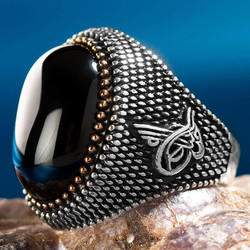 Black Onyx Stone Sterling Silver Mens Ring with Ottoman Tughra - 1