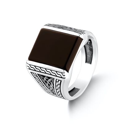 Black Onyx Stone Symmetrical Design Sterling Silver Men's Ring - 1
