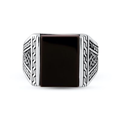 Black Onyx Stone Symmetrical Design Sterling Silver Men's Ring - 2