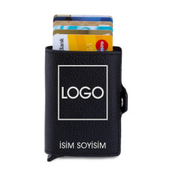 Black Personalized Leather Card Holder with Double Auto Mechanism 