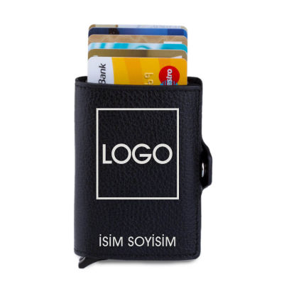 Black Personalized Leather Card Holder with Double Auto Mechanism - 1