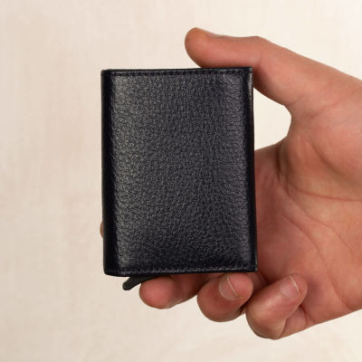 Black Personalized Leather Card Holder with Mechanism - 7