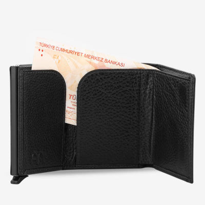 Black Personalized Leather Card Holder with Mechanism - 3