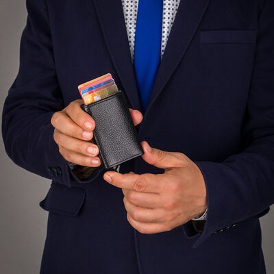 Black Personalized Leather Card Holder with Mechanism - 5