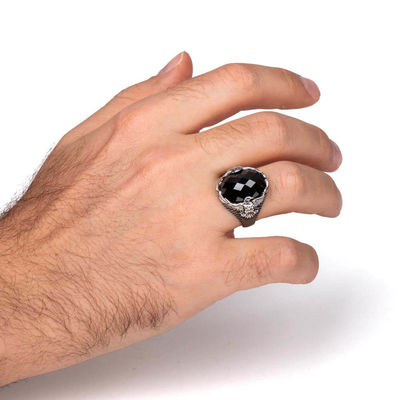 Black Stone Silver Men's Ring with Rising Eagle Figure - 5