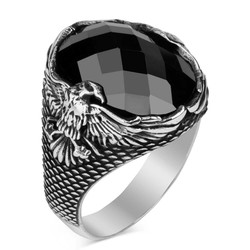 Black Stone Silver Men's Ring with Rising Eagle Figure - 1