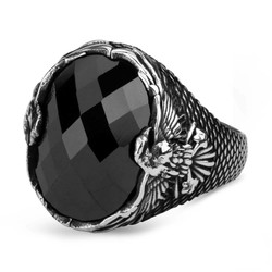 Black Stone Silver Men's Ring with Rising Eagle Figure - 2