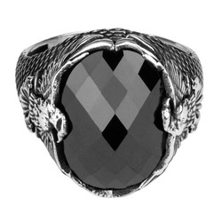 Black Stone Silver Men's Ring with Rising Eagle Figure - 3