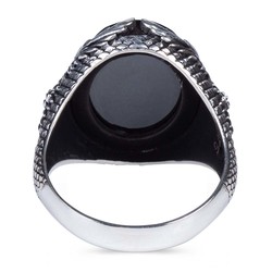 Black Stone Silver Men's Ring with Rising Eagle Figure - 4