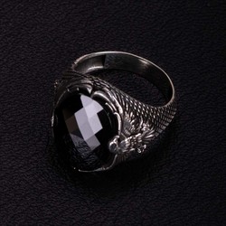 Black Stone Silver Men's Ring with Rising Eagle Figure - 6