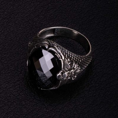 Black Stone Silver Men's Ring with Rising Eagle Figure - 6