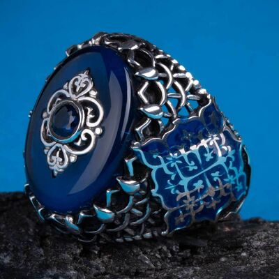 Blue Stone 925 Sterling Silver Men's Ring - 5