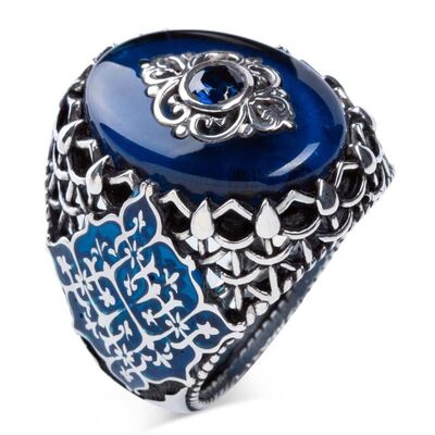 Blue Stone 925 Sterling Silver Men's Ring - 1