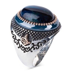 Blue TigerEye Stone Silver Men's Ring with Tughra on sides 