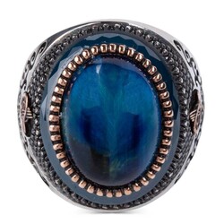 Blue TigerEye Stone Silver Men's Ring with Tughra on sides - 2