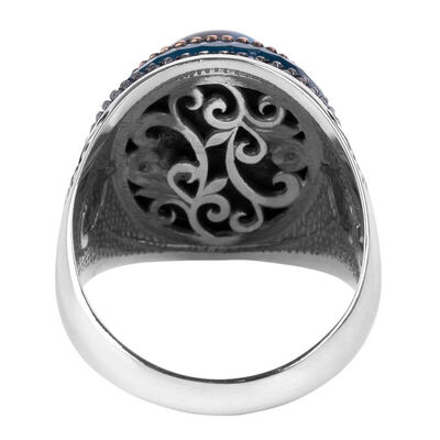 Blue TigerEye Stone Silver Men's Ring with Tughra on sides - 3