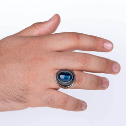Blue TigerEye Stone Silver Men's Ring with Tughra on sides - 4