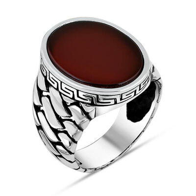 Oval Bordo Akik Taşlı 925 Ayar Gümüş Erkek Yüzük - 1