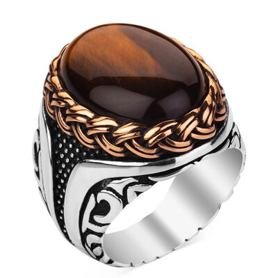 Brown Tiger Eye Stone Silver Men Ring - 1