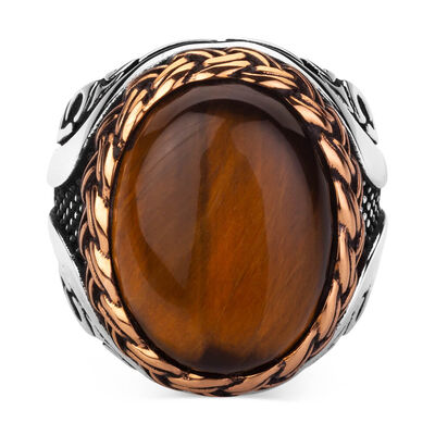 Brown Tiger Eye Stone Silver Men Ring - 2