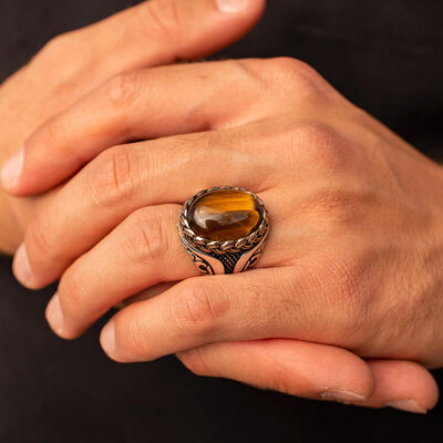 Brown Tiger Eye Stone Silver Men Ring - 4