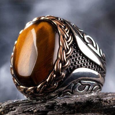 Brown Tiger Eye Stone Silver Men Ring - 5